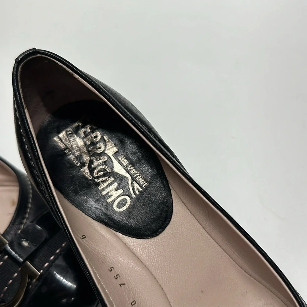 Salvatore Ferragamo Heels Low Heel Pump Shoes Ganici Bit Black Silver Size 6 B